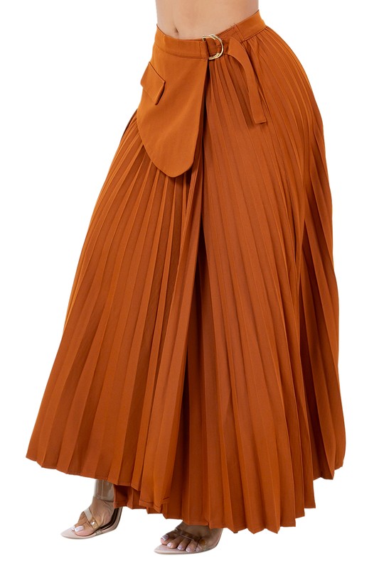Pleated Chaps Buckle Maxi Skirt