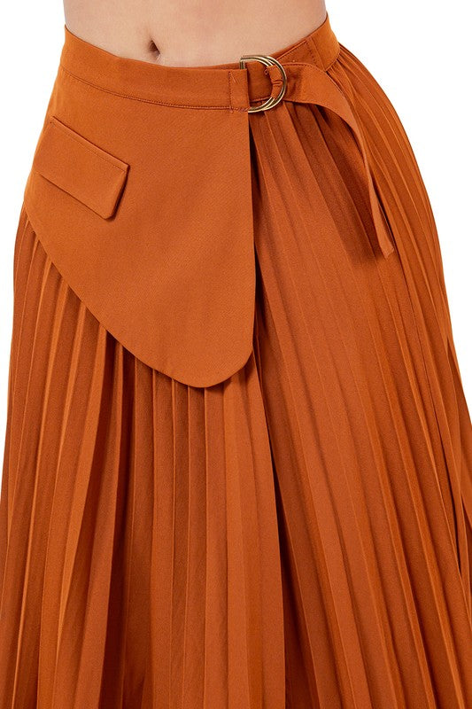 Pleated Chaps Buckle Maxi Skirt