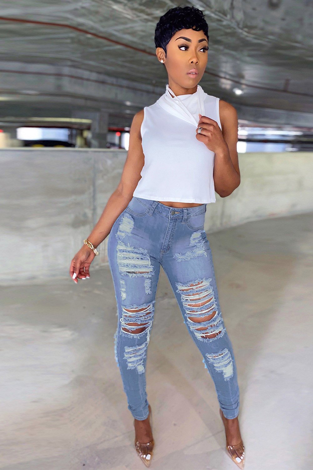 Cotton-Blend Ripped Pocket High-Waist SKINNY Jeans (Blue)
