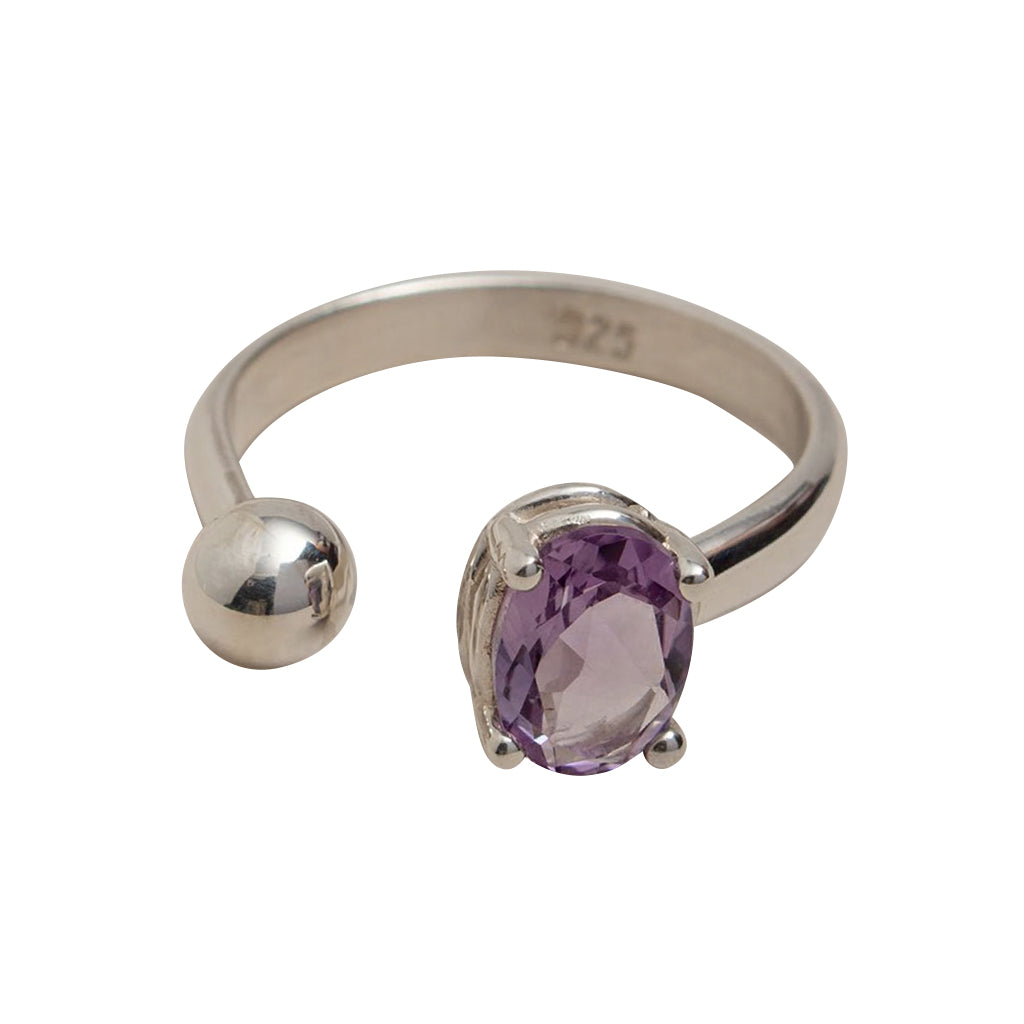 Sterling Silver Ball & Amethyst Adjustable Ring