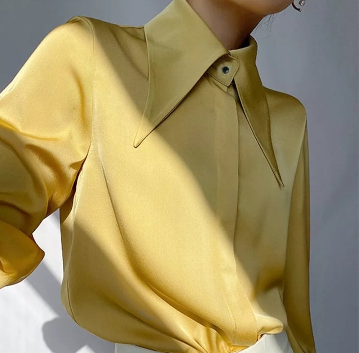 Down Collar Satin Buttoned Blouse