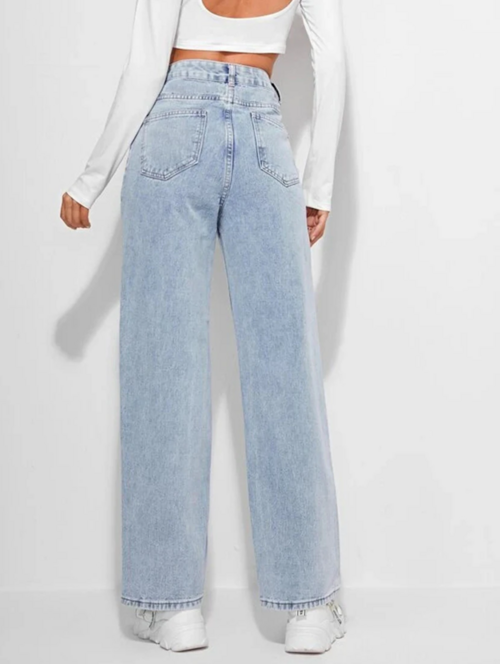 High Rise Cotton Denim Jeans (34/Light Blue)