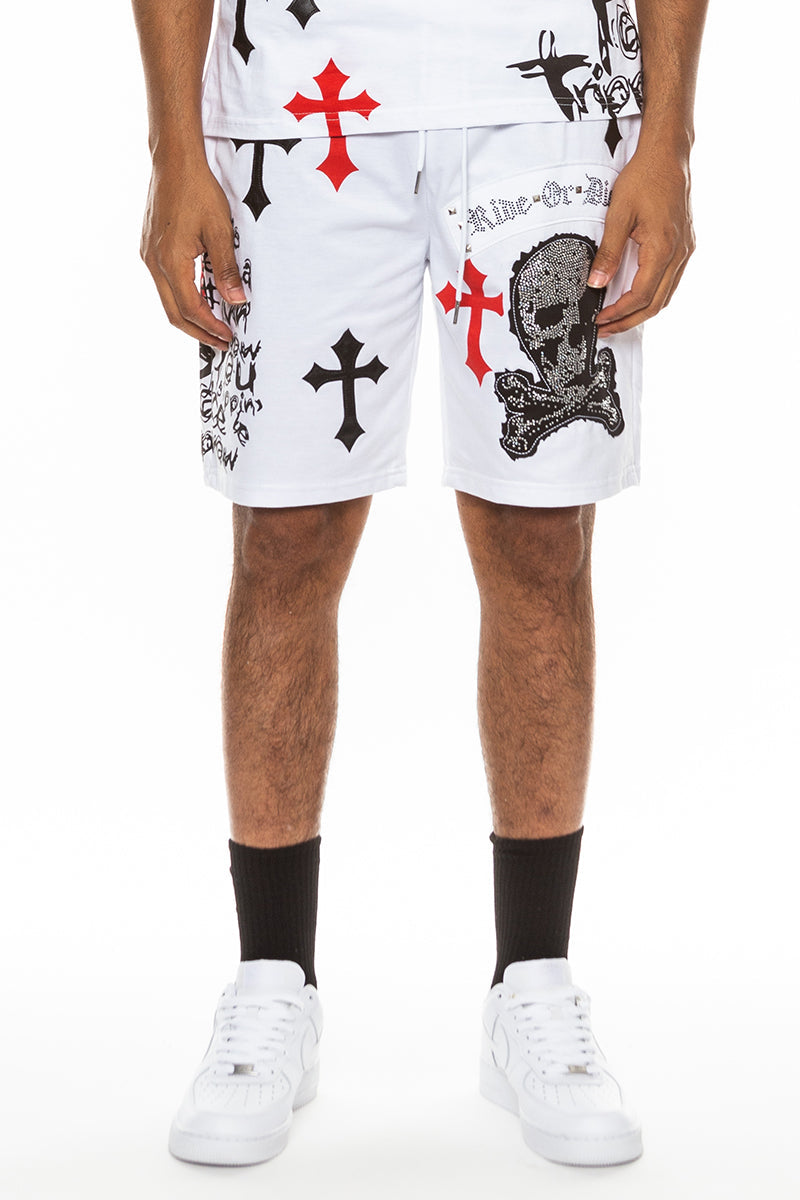 Bejewelled Chrome Skull Cotton-Blend Shorts