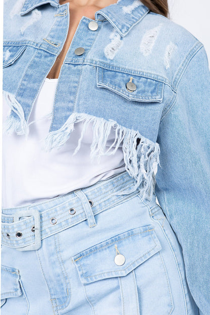 Cotton Cowgirl Distressed Denim Cropped  Jacket