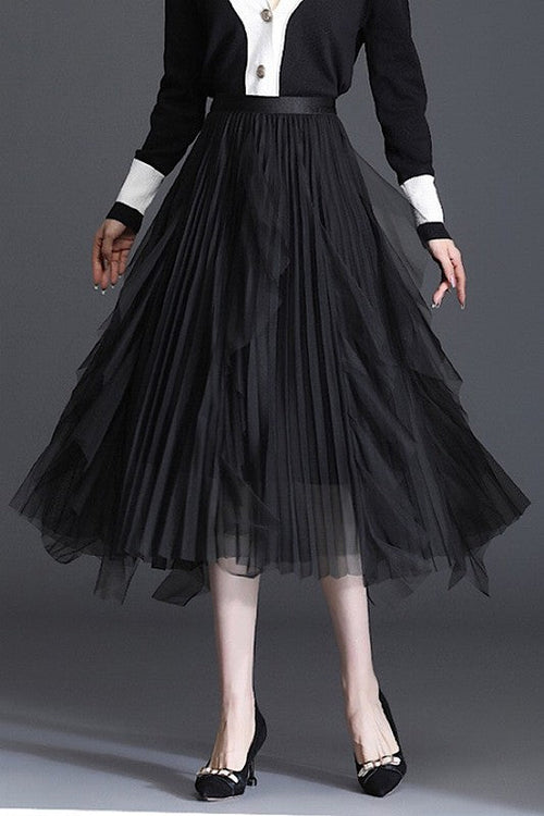 Silk Band Pleated Chiffon Midi Skirt