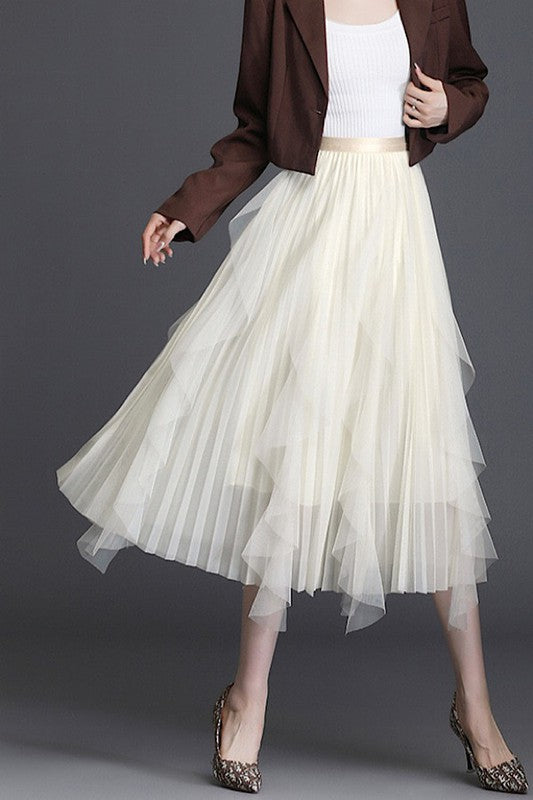 Silk Band Pleated Chiffon Midi Skirt