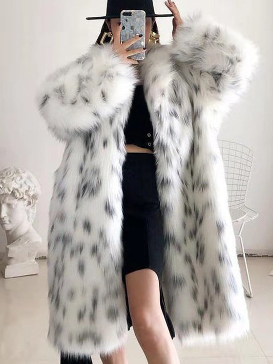 Faux Fox Fur Snow Leopard Print Coat