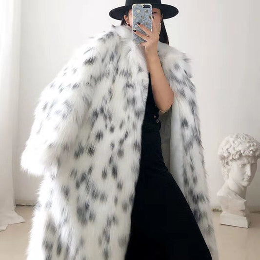 Faux Fox Fur Snow Leopard Print Coat