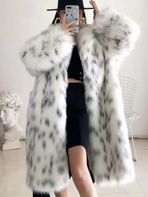 Faux Fox Fur Snow Leopard Print Coat