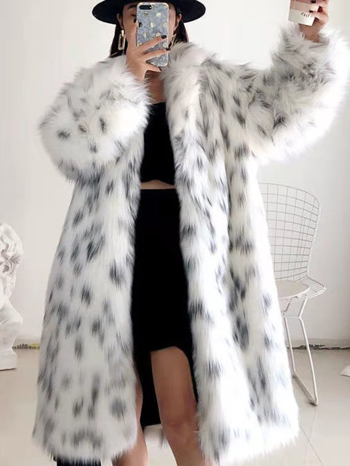 Faux Fox Fur Snow Leopard Print Coat