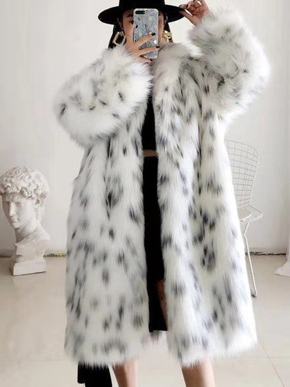 Faux Fox Fur Snow Leopard Print Coat