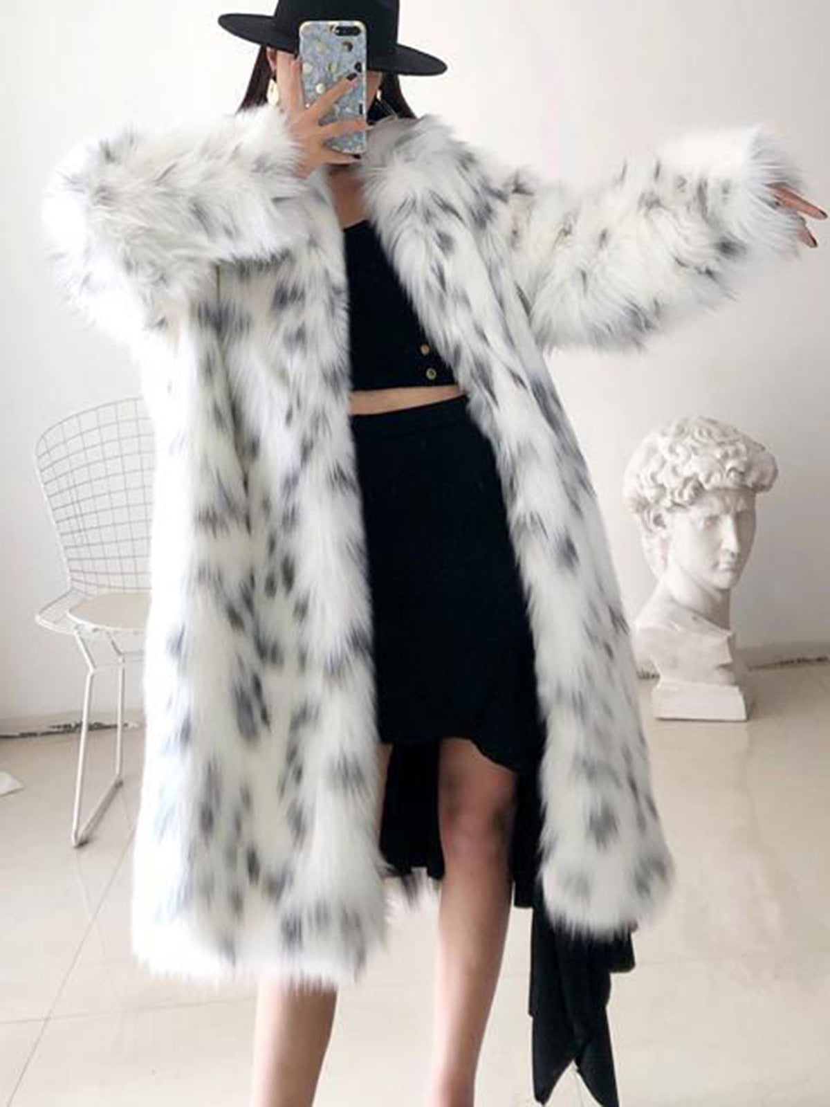 Faux Fox Fur Snow Leopard Print Coat