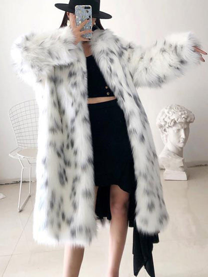 Faux Fox Fur Snow Leopard Print Coat