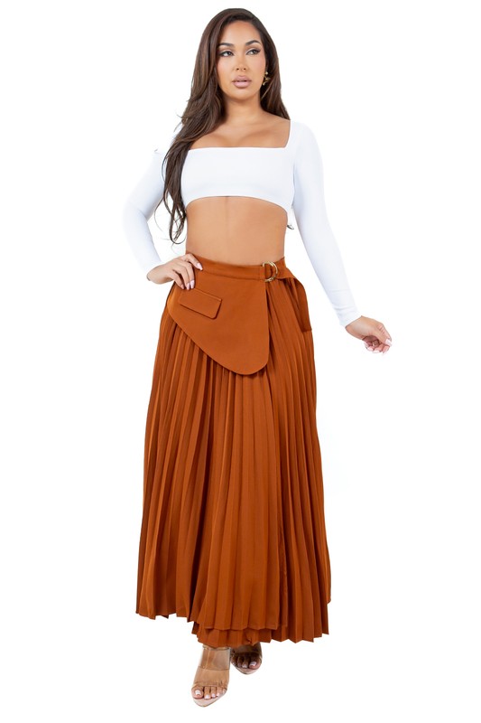 Pleated Chaps Buckle Maxi Skirt