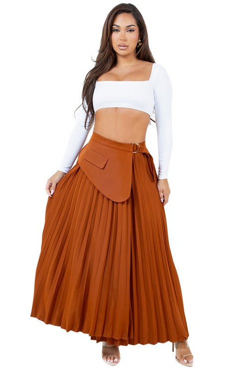 Pleated Chaps Buckle Maxi Skirt