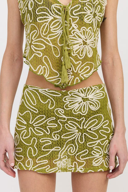 Embroidered Low Rise Mini Skirt (Green/White)