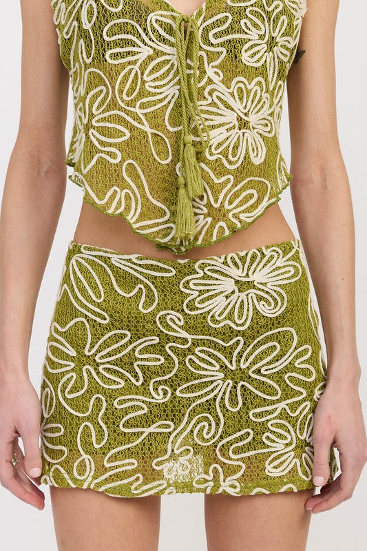 Embroidered Low Rise Mini Skirt (Green/White)