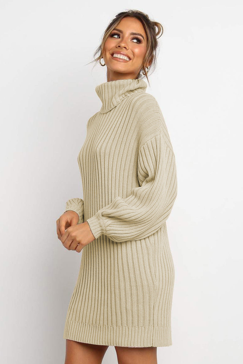 Oversized Turtleneck Sweater Dress (Apricot)