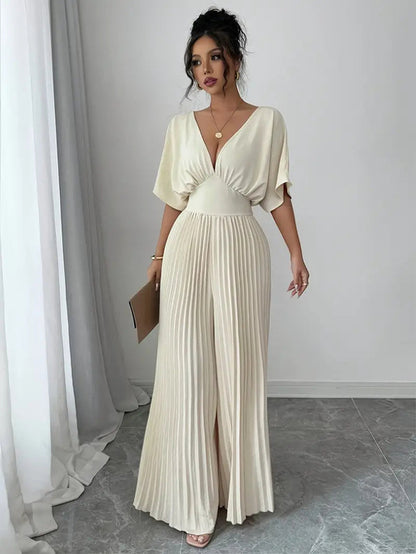Pleated Wrap-Style Maxi Romper