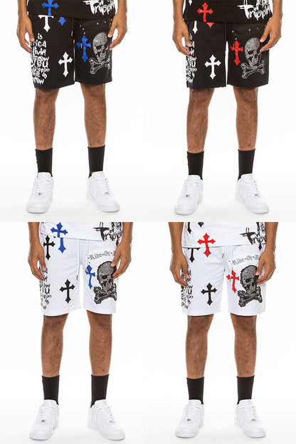 Bejewelled Chrome Skull Cotton-Blend Shorts
