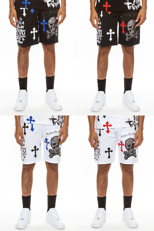 Bejewelled Chrome Skull Cotton-Blend Shorts