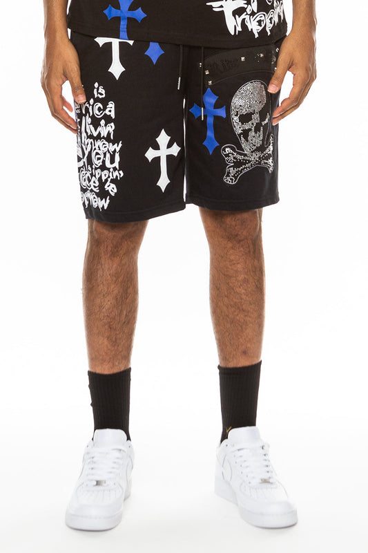 Bejewelled Chrome Skull Cotton-Blend Shorts