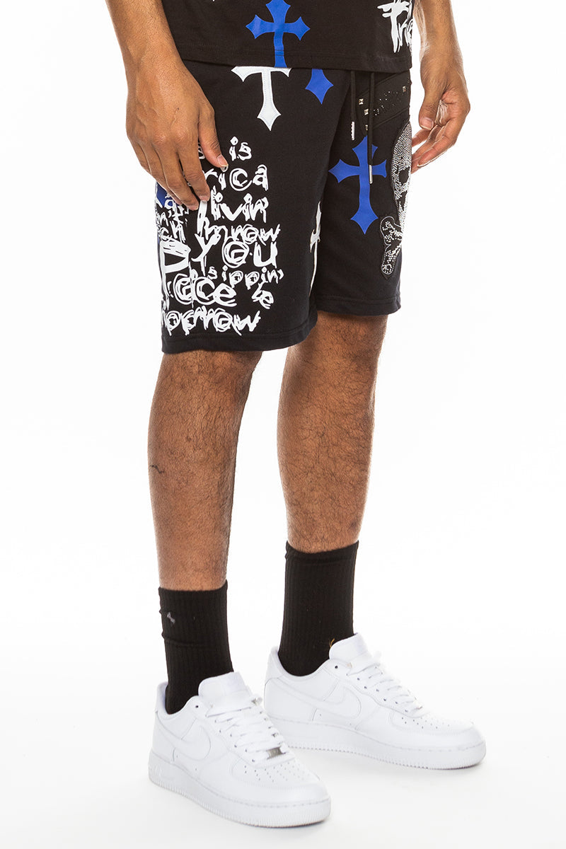 Bejewelled Chrome Skull Cotton-Blend Shorts