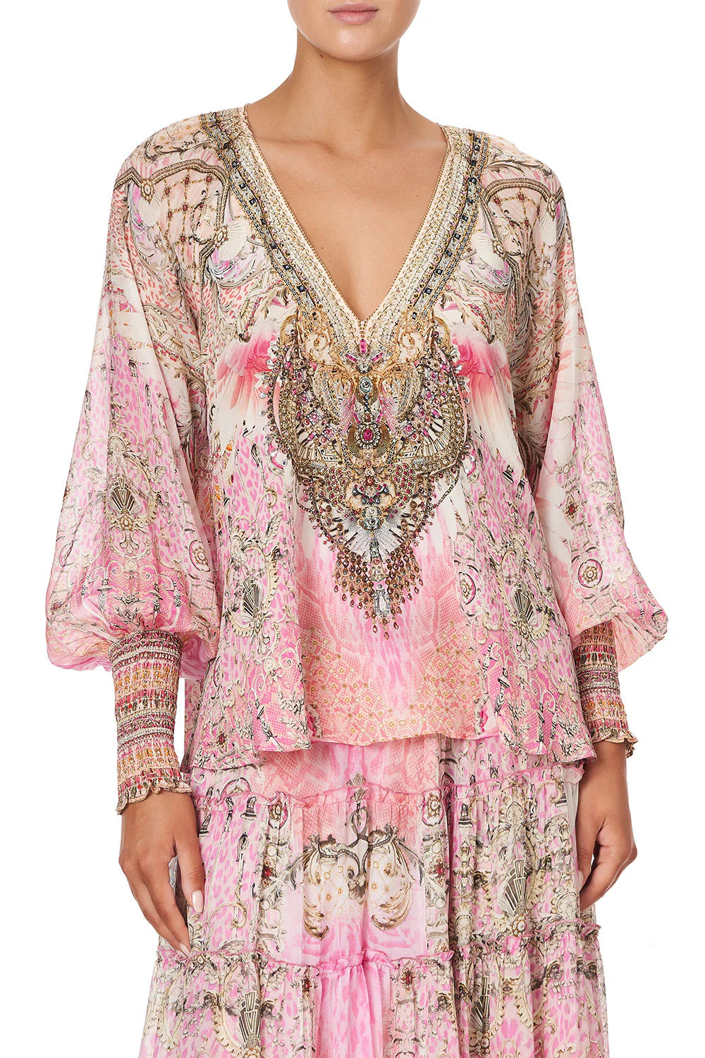 CAMILLA 100% Silk "Deco Darling" Shirred Cuff Skirt Set