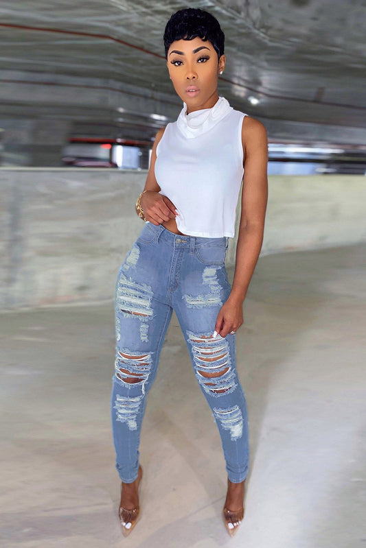 Cotton-Blend Ripped Pocket High-Waist SKINNY Jeans (Blue)