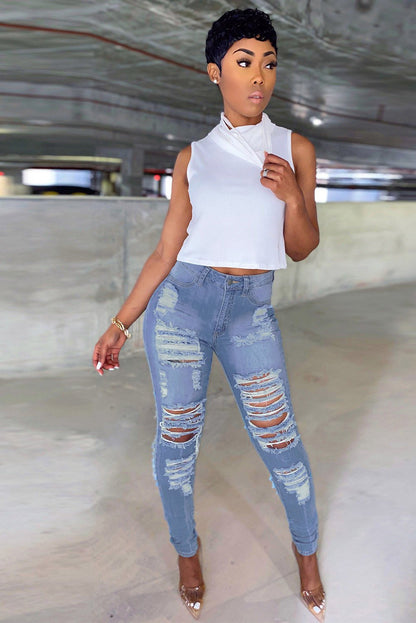 Cotton-Blend Ripped Pocket High-Waist SKINNY Jeans (Blue)