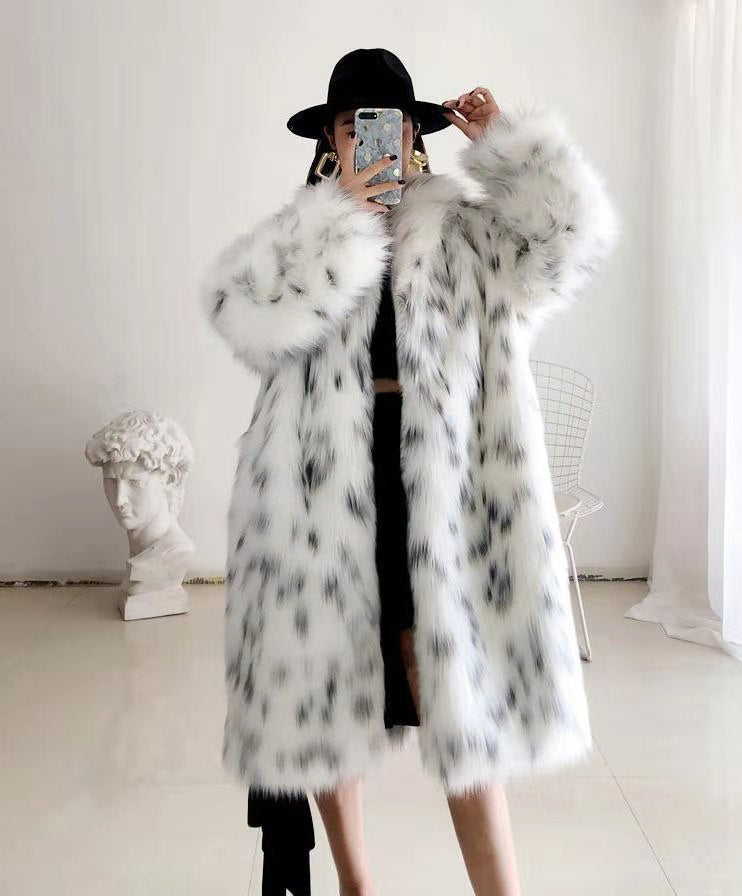 Faux Fox Fur Snow Leopard Print Coat