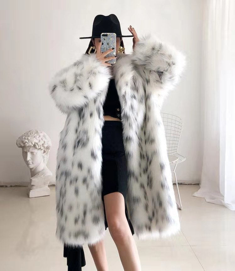 Faux Fox Fur Snow Leopard Print Coat