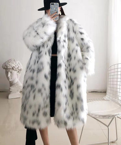 Faux Fox Fur Snow Leopard Print Coat