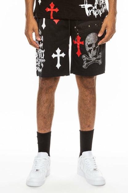 Bejewelled Chrome Skull Cotton-Blend Shorts