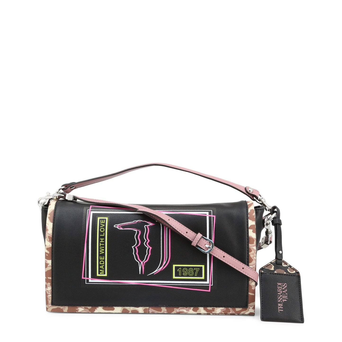 TRUSSARDI “Liquirazia” Camo Trim Faux Leather Handbag (Black)