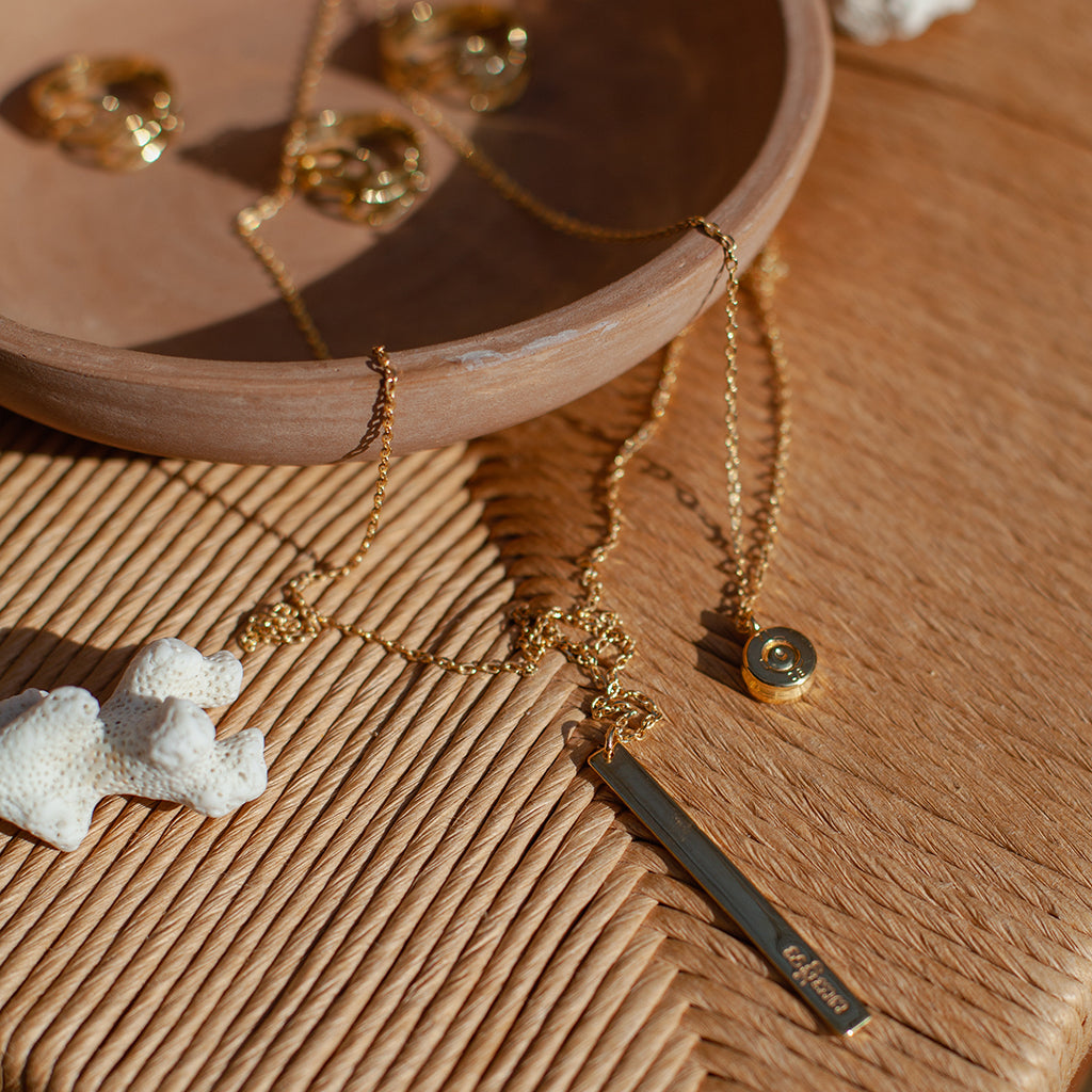 Engraved Layered 14k Gold Plated Bullet Drop Necklace