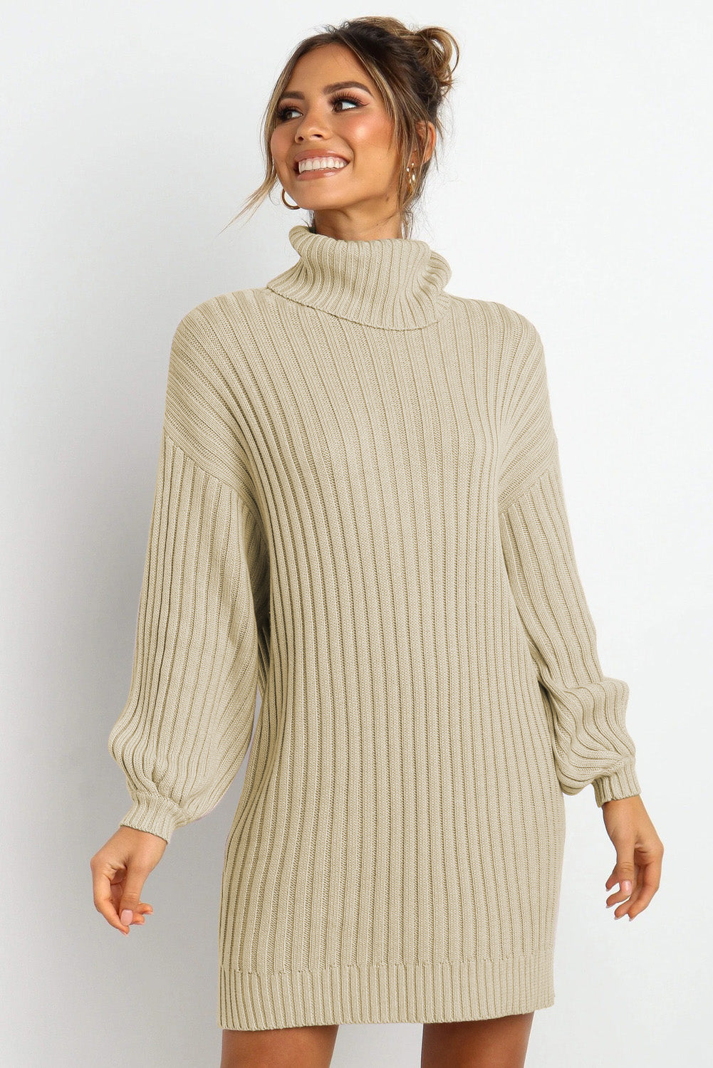 Oversized Turtleneck Sweater Dress (Apricot)