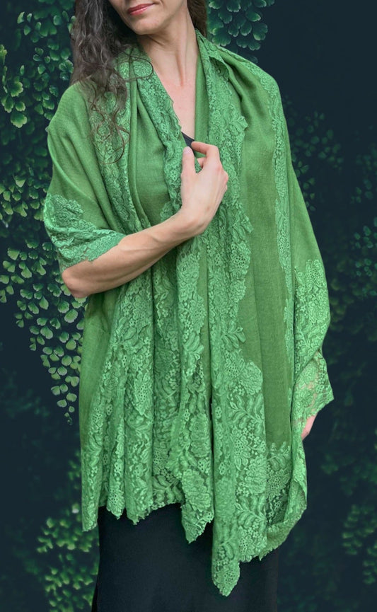 Green Wool and Silk Lace Scarf Wrap