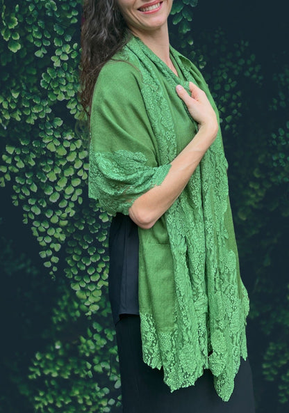 Green Wool and Silk Lace Scarf Wrap