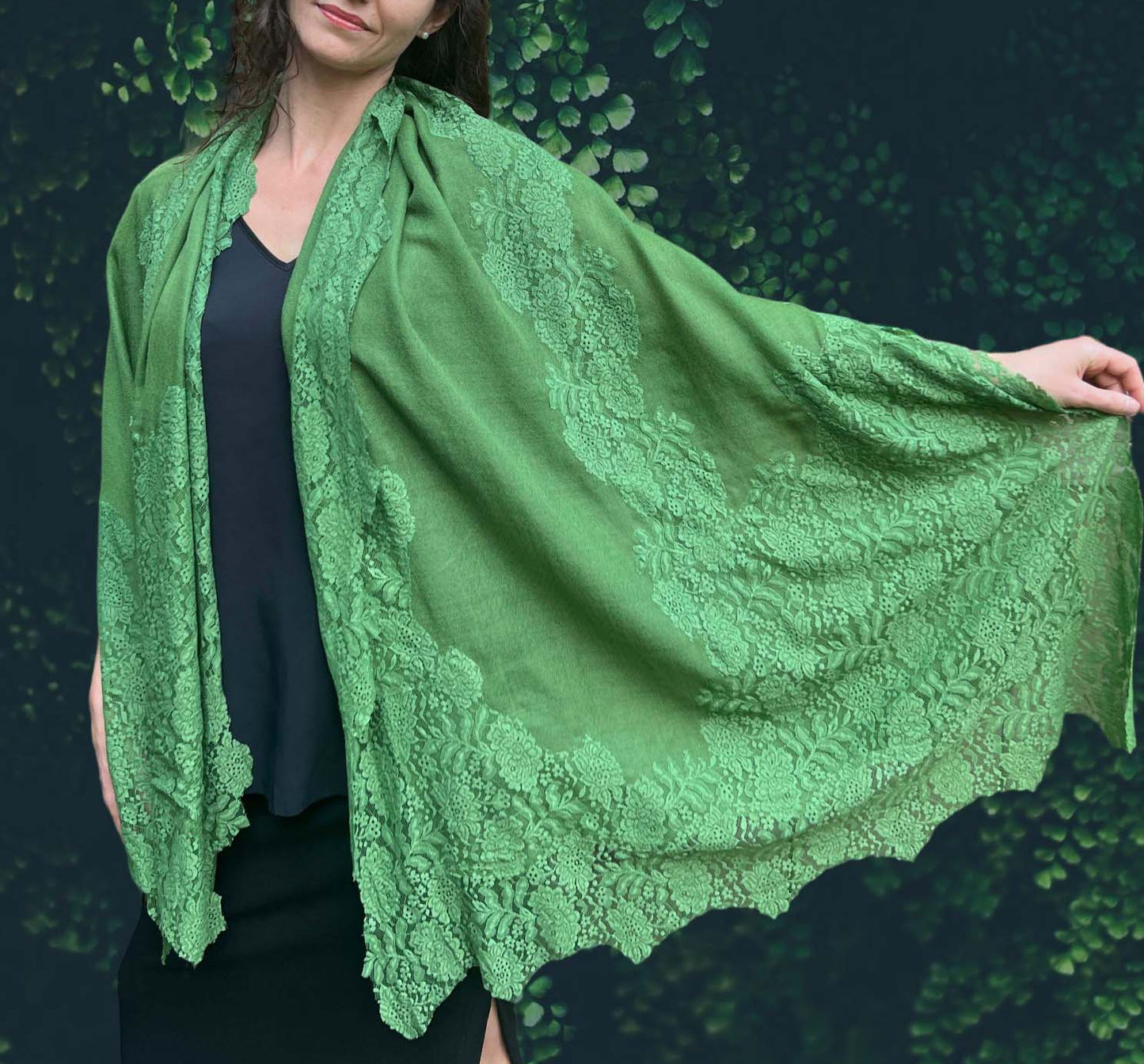 Green Wool and Silk Lace Scarf Wrap