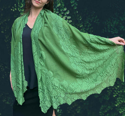 Green Wool and Silk Lace Scarf Wrap