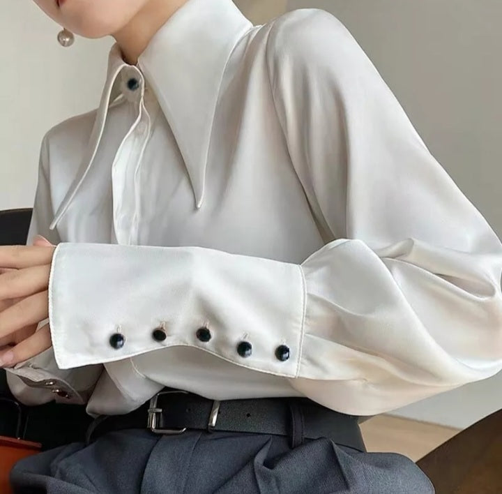 Down Collar Satin Buttoned Blouse
