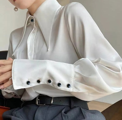Down Collar Satin Buttoned Blouse