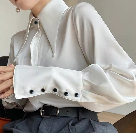 Down Collar Satin Buttoned Blouse
