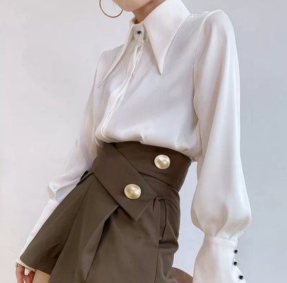 Down Collar Satin Buttoned Blouse