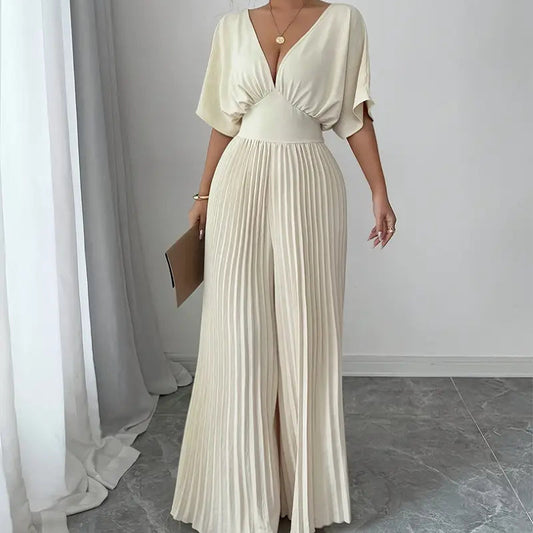 Pleated Wrap-Style Maxi Romper