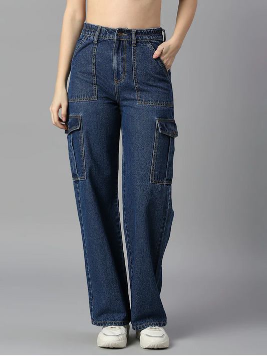 High Rise Cargo Denim Jeans (30/Dark Blue)