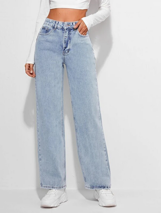 High Rise Cotton Denim Jeans (34/Light Blue)