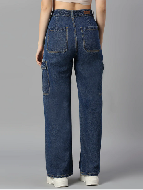 High Rise Cargo Denim Jeans (30/Dark Blue)