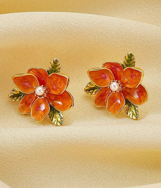 Epoxy Orange Flower & Pearl Stud Earrings